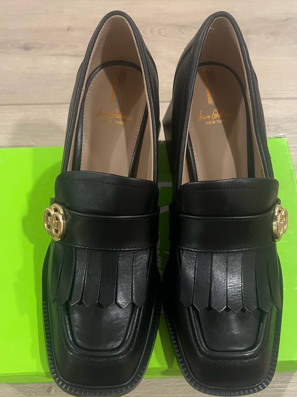 Sam Edelman Black Leather Fringe Loafer Block Heels with Gold Accent - Picture 4 of 9